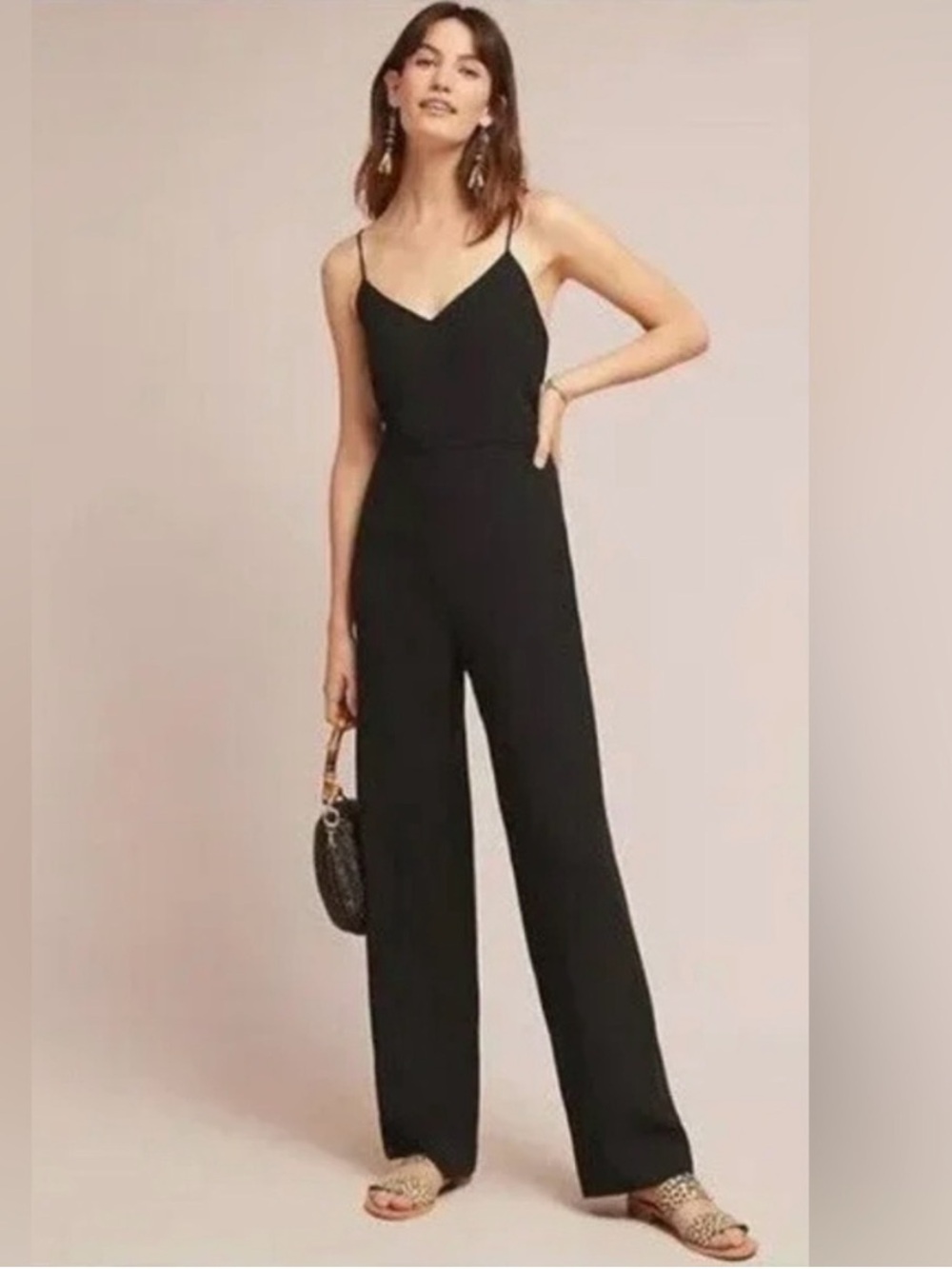 Anthropologie The Essential Slim Black Strappy Wide-Leg Jumpsuit, Size 2P